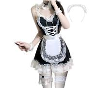 JasmyGirls Traje de sirvienta traviesa para cosplay, lencería, vestido de mariquita, disfraz de Halloween para mujer, delantal de juego de rol de anime con calcetines