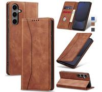 Jasonyu Funda tipo cartera con tapa para Samsung Galaxy S24 FE, funda magnética de cuero con tarjetero, función atril, TPU a prueba de golpes, funda protectora duradera para teléfono, marrón