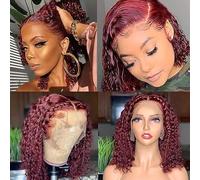 Jasperel 99J - Peluca de encaje estilo Bob borgoña para mujer, 13 x 4 pulgadas, encaje corto, rizado, sin pegamento, preflecos, pelucas Remy brasileñas