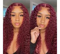 Jasperel Pelucas de cabello humano con encaje frontal de onda profunda borgoña 99J 13x4, pelucas de cabello humano HD para mujeres negras, color rojo vino (pelucas delanteras