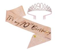JasperKino Juego de banda y tiara de cumpleaños número 90, corona de cumpleaños de oro rosa, suministros para fiestas de cumpleaños de niñas