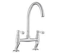 JASSFERRY Grifo mezclador tradicional de puente para fregadero de cocina con mango de cerámica blanco montado en la cubierta monobloc clásico 2 agujeros con boquilla giratoria cromada