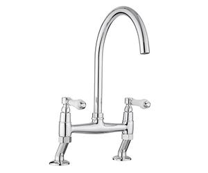 JASSFERRY Grifo mezclador tradicional de puente para fregadero de cocina con mango de cerámica blanco montado en la cubierta monobloc clásico 2 agujeros con boquilla giratoria cromada