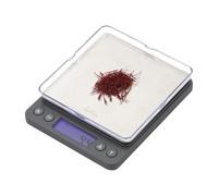 JATA HOGAR HBAL1776 - Báscula de Precisión Digital 0,1 g hasta 2 kg, Balanza Electrónica con Función Conteo y Tara, 7 Unidades, Pantalla LCD Retroiluminada, Plataforma de Acero Inox y Tapa Protectora