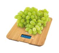 JATA HOGAR HBL0310 - Báscula de Cocina Digital 15 kg / 1 g, Superficie de Bambú Sostenible, Alta Precisión, LCD Retroiluminado, Tara, Temporizador, Reloj, 5 Unidades de Medida