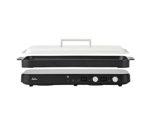 JATA JEVI1470 - Placa de Inducción Doble con Plancha de Asar Grill, Cocina Eléctrica Portátil 2 Fuegos, 2.800 W, Cristal de 4 mm, Temporizador, Tapa Antisalpicaduras y Bloqueo Infantil
