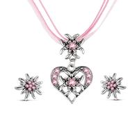 jatimdotin Conjunto de Joyas, Collar y Pendientes de Corazón, Colgante de Corazón de Edelweiss con Diamantes de Imitación y Pendientes de Botón de Edelweiss, para Accesorios de Festival