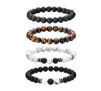 jatimdotin Pulsera de Piedras Naturales 8MM para Hombre - 4 Pulseras Ajustables de Cuentas y Piedra de Lava - Regalos para Padre Novio Hermano
