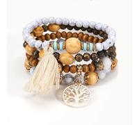 jatimdotin Pulseras de Mujer, 4 Unidades Bohemia Madera Cadena de Manos, Cuentas de Madera Natural Pulsera con Borlas, Pulsera con Dijes del árbol de la Vida, Regalo para Novia, Madre, Hermana