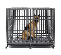 Jaula con ruedas, indestructible y a prueba de escapes de acero para perros de alta ansiedad con cerraduras resistentes, doble puerta y bandeja, extra grande, XL, XXL