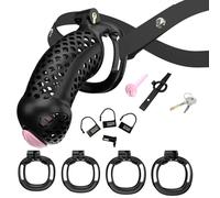 Jaula de castidad BDSMYEE para pene con 4 anillos para pene, juguete sexual para hombres con estructura de panal, jaula para pene con dilatador uretral (Negro)