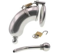 Jaula de castidad con catéter de metal y tapón para el pene - Jaula para el pene para entrenamiento de esclavos y juegos SM - Juguete sexual fetichista con bloqueo de castidad(45mm)