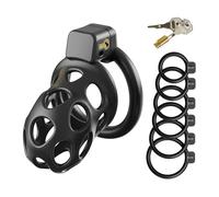 Jaula de Castidad SM Fetish Sex Toy Chastity Cage Multi Agujero Transpirable con 6 Anillas de Diferentes Tamaños y 2 Llaves (black,M)
