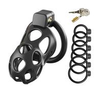 Jaula de Castidad SM Fetish Sex Toy Chastity Cage Multi Agujero Transpirable con 6 Anillas de Diferentes Tamaños y 2 Llaves (black,L)