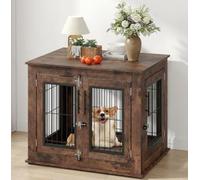 Jaula de Madera para Perros medianos, Doble Puerta, Resistente a mordiscos. Uso Interior, Funciona como Mesa Auxiliar. 31.5" Ancho x 23.6" Profundo x 26" Alto, Color marrón rústico.