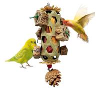 Jaula de pájaros de 25 cm, cesta de alimentación de de maíz de madera, juguete para masticar natural, compromiso basculante, accesorios de entrenamiento con soporte para nueces, juguete de
