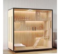 Jaula grande de madera para gatos con ruedas y puerta de cristal, recinto para gatos para interiores y exteriores con diseño ventilado, fácil de limpiar, espaciosa casa para gatos