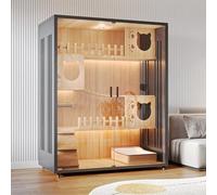 Jaula grande de madera para gatos con ruedas y puerta de cristal, recinto para gatos para interiores y exteriores con diseño ventilado, fácil de limpiar, espaciosa casa para gatos