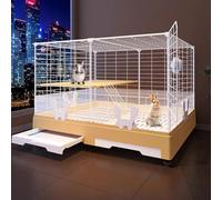 Jaula para conejos de interior sobre ruedas, jaula de conejo con deflector de orina/suelo de red, escalera interna, plataforma, bandeja extraíble, para animales pequeños