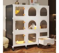 Jaula para gatos con inodoro para gatos, perrera interior de 3 niveles, recinto desmontable con ventanas transparentes y cerraduras