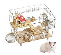 Jaula para hámster | Hábitat transparente de 2 capas para mascotas | Jaula grande para hámster con botella de agua y baño, para observación de animales en el hogar, mascotas pequeñas de Guinea, viajes