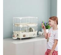 Jaula Para Hámster Pawhut De 2 Niveles Y 3 Puertas Con Rueda, Bandeja Sanitaria Y Tubos De Juego, De Acero, 44,5 X 28 X 44 cm BLANCO