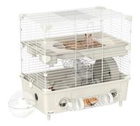 Jaula para hámster PawHut de 2 Niveles y 3 Puertas con Rueda, Caja de Arena y Tubos de Juego, Jaula para Mascotas de Acero, PS y PP, 44,5x28x44 cm, Crema y Blanco