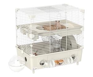 Jaula para hámster PawHut de 2 Niveles y 3 Puertas con Rueda, Caja de Arena y Tubos de Juego, Jaula para Mascotas de Acero, PS y PP, 44,5x28x44 cm, Crema y Blanco