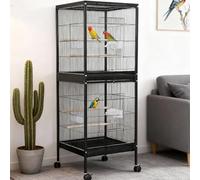 Jaula Para Pájaros Apilable De Doble Piso - Panorámica Giratoria 360°,Hierro Resistente, Zona De Juego Superior,Ruedas y Bandeja Extraíble - Fácil De Limpiar,Ideal Para Periquitos, Canarios, Agapornis