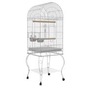 Jaula para pájaros con ruedas, 51 x 51 x 153 cm, bandeja extraíble 2 cuencos, percha, estante inferior, moderno, acero blanco, 21_0007561