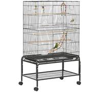 Jaula para pájaros con soporte con ruedas, 79 x 49 x 133 cm, bandeja extraíble y estante estilo moderno y elegante, de acero negro 21_0007580