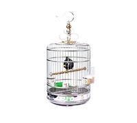 Jaula para pájaros de acero inoxidable sólido con soporte de madera, gancho para colgar, jaula redonda para loros, transportador de pájaros de viaje, decoración de jardín (mediano)