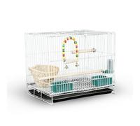 Jaula para pájaros para cacatúas, periquitos, tortolitos, canarios, metal blanco con soporte, juguete oscilante y cuencos de alimentación, jaula pequeña portátil para pájaros