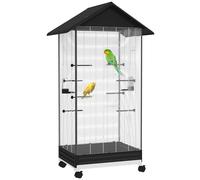Jaula para pájaros PawHut con ruedas, voladero interior con ruedas, con bandeja deslizante, 2 comederos y 8 perchas, para canarios, 79x65x155 cm, acero roscado, negro