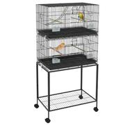 Jaula para pájaros sobre pie aviario 77 x 46 x 164 cm con bandeja extraíble y ruedas frenadas Moderna purificada, acero negro 21_0007583