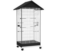 Jaula para pájaros sobre pie interior, 79 x 65 x 155 cm, movilidad sobre ruedas, limpieza fácil, contemporáneo, de acero negro, 21_0007592