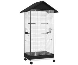 Jaula para pájaros sobre pie interior, 79 x 65 x 155 cm, movilidad sobre ruedas, limpieza fácil, contemporáneo, de acero negro, 21_0007592