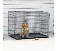 Jaula para perro plegable de acero metálico PawHut con con cerradura, bandeja extraíble, transportín para mascotas, 106L x 68W x 76H cm, negro