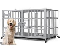 Jaula para perros con bandeja inferior, jaula para perros con divisor, 2 puertas y bandeja, caja doble 2 en 1 para perros grandes y medianos 120 x 73 x 68 cm, plateado