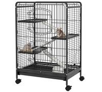 Jaula PawHut para roedores pequeños con 3 rampas, 3 plataformas planas, botella de agua, bandeja inferior extraíble para conejos, visones, chinchillas, de acero y PP, 44x95 cm, color negro