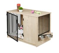 Relaxdays Jaula Perros, Mueble Mascotas Interior, 65,5x102x60 cm, con 2 Cuencos Giratorios, MDF y Acero, Gris y Negro