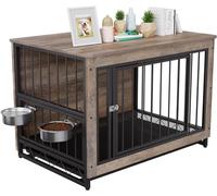 Jaulas para Perros, 93x64x58cm, Jaula Perro Grande para Casa de Madera, Dog Crate con 2 Comederos y Puertas para Perros, con Bandeja Extraíble, Jaula para Perros Medianos Pequeños hasta 40kg, Gris