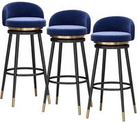 JAVPTAV Juego de 3 taburetes de Bar de Terciopelo de 66/76 cm con Giro de 360 Grados, Respaldo y reposapiés, tapizados for Cocina, cafetería(Blue-Black Legs,65cm)