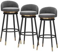 JAVPTAV Juego de 3 taburetes de Bar de Terciopelo de 66/76 cm con Giro de 360 Grados, Respaldo y reposapiés, tapizados for Cocina, cafetería(Grey-Black Legs,65cm)