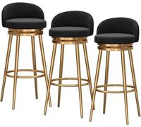 JAVPTAV Juego de 3 taburetes de Bar de Terciopelo de 66/76 cm con Giro de 360 Grados, Respaldo y reposapiés, tapizados for Cocina, cafetería(Black-Gold Legs,75cm)