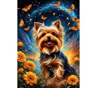Jawecci Kits de pintura de diamantes de perro Yorkshire Terrier para adultos principiantes, kits de arte de diamantes de girasol para adultos, pintura de diamante redonda 5D con taladro completo