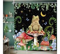 JAWO Mushroom Shower Curtain, Boho Moon Stars Aesthetic Floral Shower Curtains, Funny Frog Cottagecore Decor Kids Children Bathroom Accessories Set with Hooks, 69 x 70 Inches Black