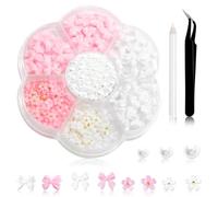 JAWUZ 1 caja de decoraciones para uñas con lazo de perlas 3D para decoración de uñas, accesorios de diamantes de imitación con lazo de colores, con broca y sacapuntas.