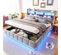 Jaxenor Cama tapizada 180 x 200 cm con espacio de almacenamiento hidráulico | Cama doble con barra de luz LED y conector USB, somier de láminas de metal, espacio de almacenamiento extra grande (sin