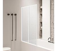 Jaxguom Mampara de ducha para bañera 100 x 140 cm, separador de ducha de plástico, 2 piezas plegables, marco de aluminio blanco, montaje a la izquierda o derecha, con estructura de gotas